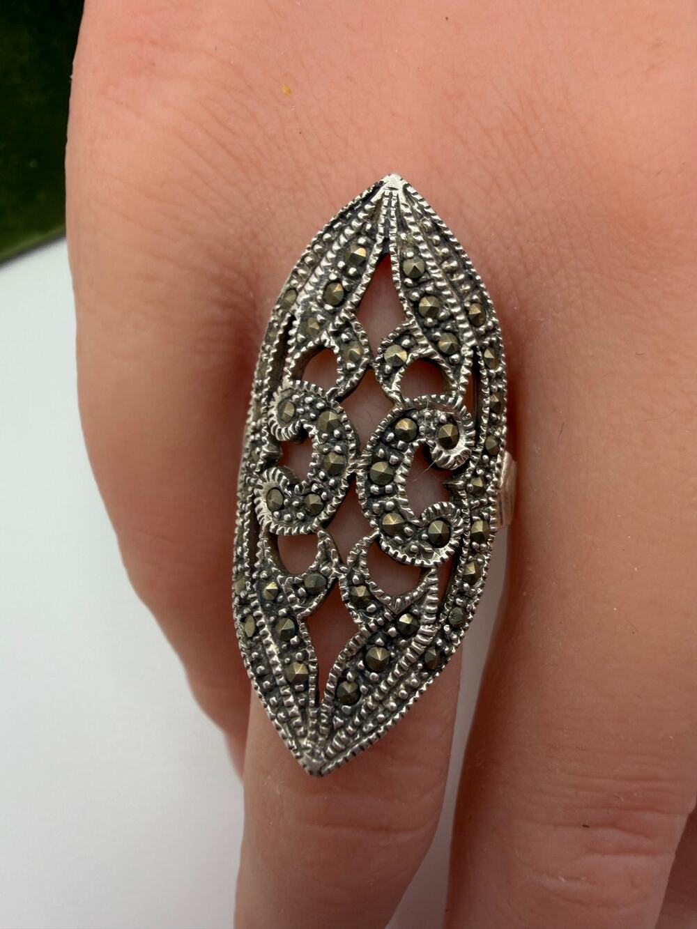 Helen Andrews inc Art Deco-style sterling silver marcasite statement ring sz 7.5